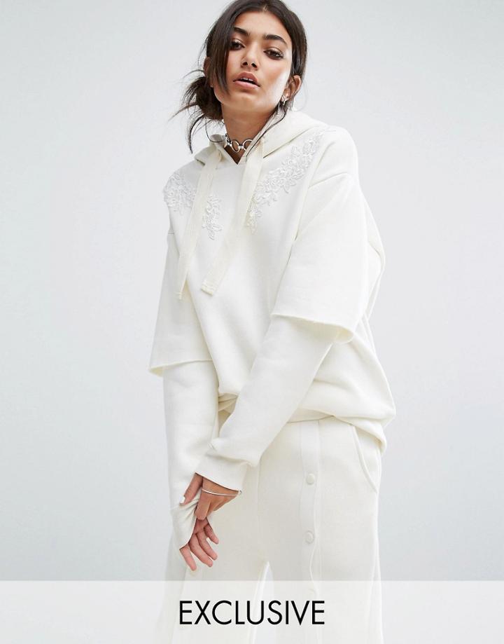 Bones Oversized Hoodie With Double Layer Sleeve And Lace Patches - White