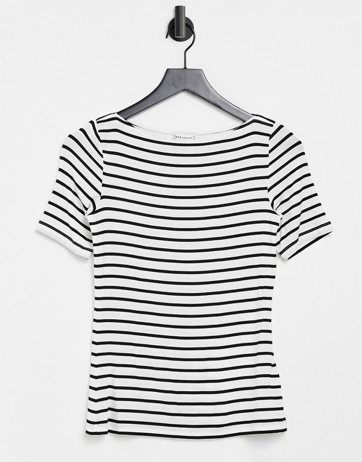 Warehouse Stripe Slash Neck T-shirt In Black-multi