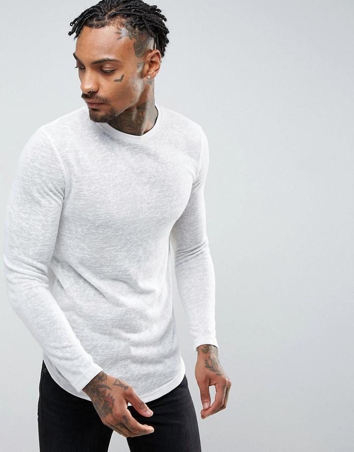 Asos Longline Muscle Long Sleeve T-shirt In Linen Look With Curved Hem In White - White
