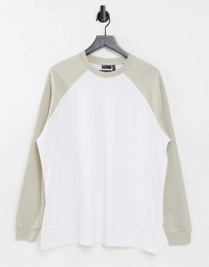 Asos Design Oversized Long Sleeve T-shirt With Contrast Raglan Seam In White And Ecru-multi