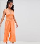 Asos Design Petite Ruched Waist Plunge Jumpsuit-orange