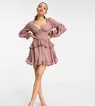 Asos Design Petite Lace Insert Mini Dress With Button Detail-pink