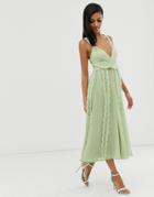 Asos Design Soft Midi Dress With Lace Insert In Washed Chiffon - Green