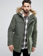 Only & Sons Parka With Faux Fur Fleece Lined Hood - Green