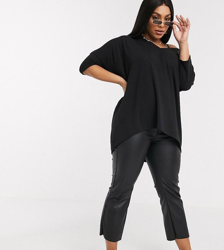 Asos Design Curve Oversized Top With V-neck In Drapey Rib In Black