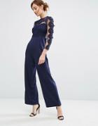 Club L Lace Mesh Upper Jumpsuit With Straight Leg - Navy