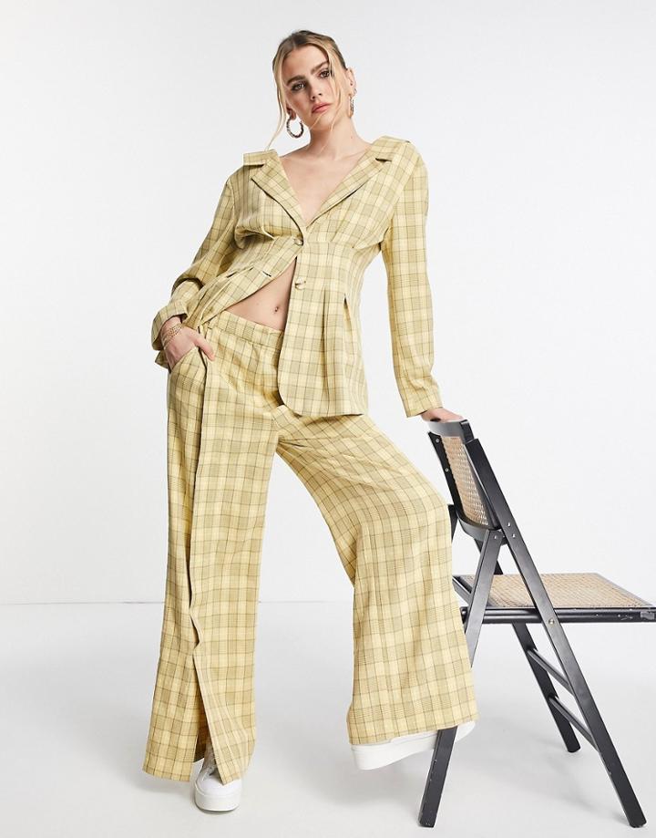 Topshop Pleat Detail Wide Leg Pants In Yellow Plaid