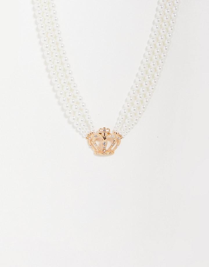 Reclaimed Vintage Inspired Unisex 3 Row Pearl Necklace With Crown Pendant-multi