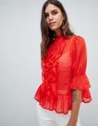 Y.a.s Ruffle Dobby Spot Blouse - Red