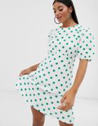 Asos Design Linen Mini Dress With Puff Sleeves In Polka Dot - Multi