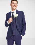 Asos Design Country Wedding Skinny Wool Mix Blazer In Navy Windowpane
