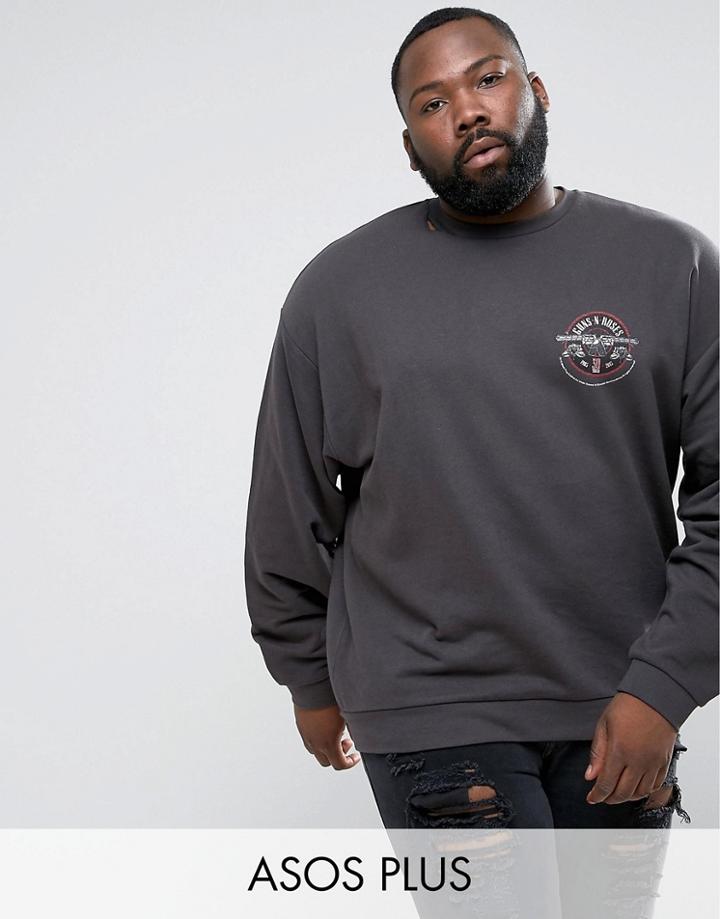 Asos Plus Oversized Sweatshirt With Ripped Neck & Guns N Roses Print - Black