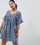 Asos Design Curve V Front V Back Mini Cotton Smock Dress In Gingham - White