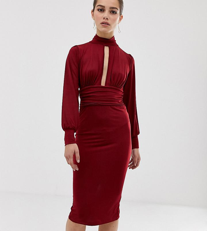 Asos Design Petite Slinky Keyhole Ruched Waist Midi Dress - Red