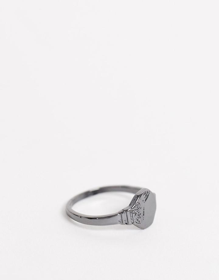 Asos Design Pinky Ring With Emboss In Gunmetal