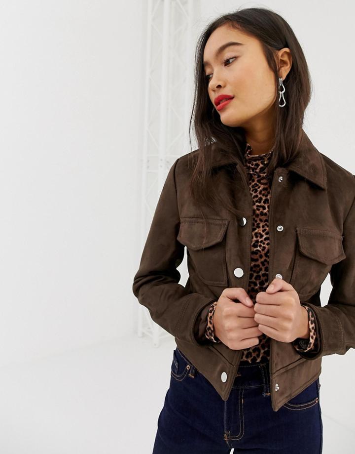 New Look Suedette Utility Trucker Jacket In Brown - Brown