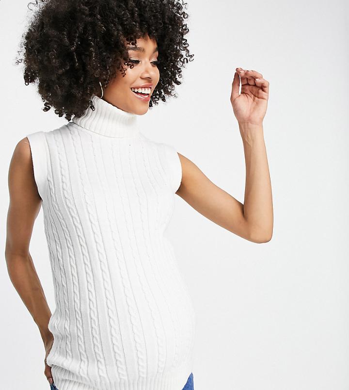 Urban Bliss Maternity High Neck Cable Knitted Sleeveless Sweater In Cream-white