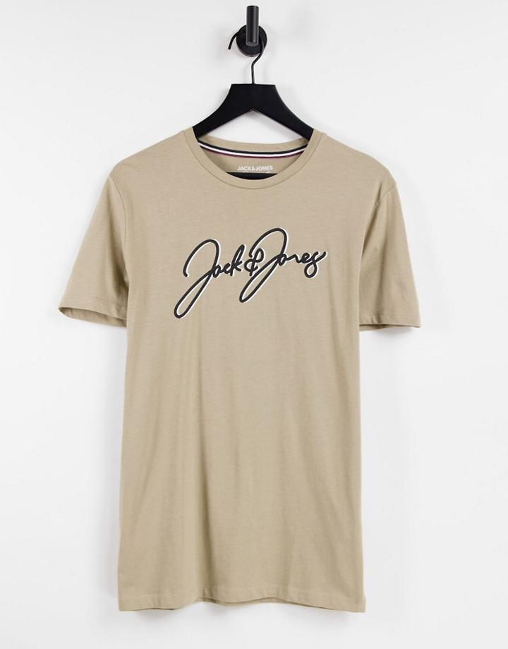 Jack & Jones Script Logo T-shirt In Stone-neutral