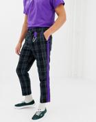 Asos Design Tapered Smart Pants In Black Watch With Purple Tape And Carabiner Detail - Black