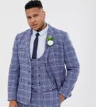 Asos Design Plus Wedding Super Skinny Suit Jacket In Blue Wool Blend Check - Blue