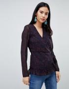 Pieces Mabel Floral Print Wrap Blouse - Blue