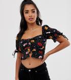 Fashion Union Petite Button Front Milkmaid Top In Floral - Black