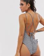 Asos Design Frill Strappy Back Swimsuit In Mono Gingham - Multi