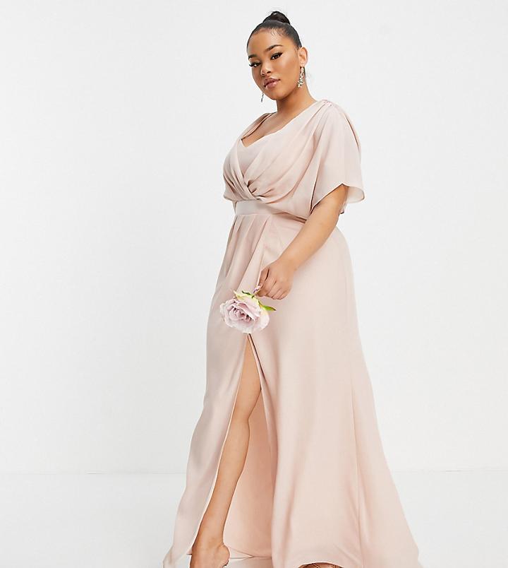 Asos Design Curve Bridesmaid Short Sleeve Cowl Front Maxi Dress With Button Back Detail-pink