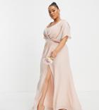 Asos Design Curve Bridesmaid Short Sleeve Cowl Front Maxi Dress With Button Back Detail-pink