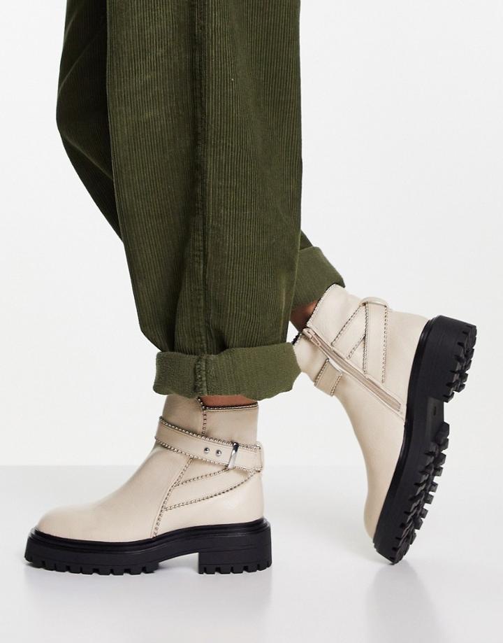 Asos Design Alani Chunky Buckle Boots In Natural-neutral