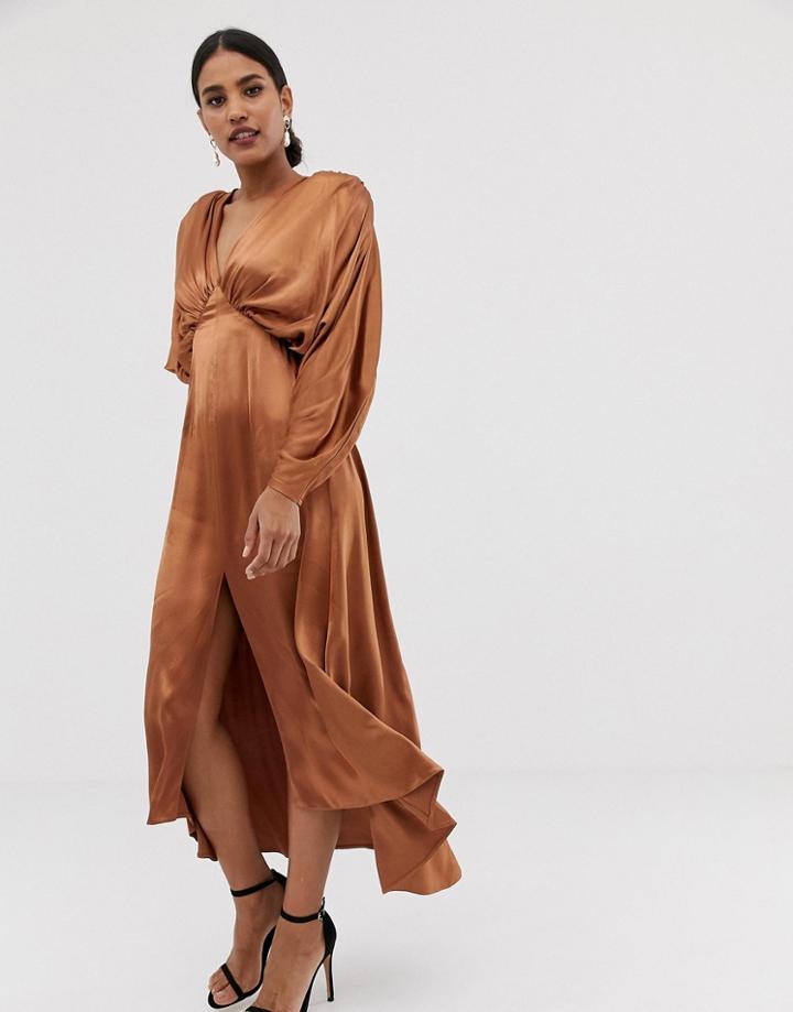 Asos Edition Ruched Batwing Midi Dress In Satin - Beige