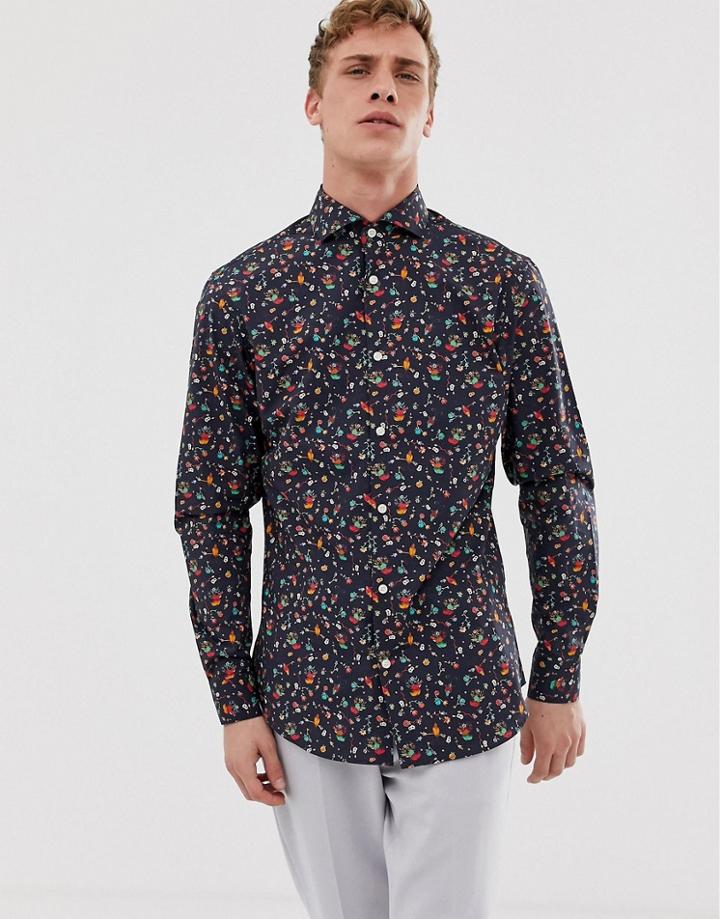 Selected Homme Slim Shirt With All Over Bird Print In Natural Stretch Cotton-navy