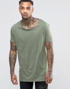 Asos Super Longline T-shirt With Stretch Neck And Drop Hem In Green - Moss