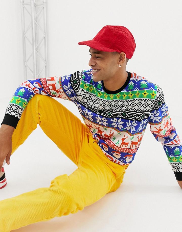 Asos Design Holidays Relaxed Long Sleeve T-shirt With All Over Fairisle Print - Multi