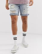 Asos Design Denim Shorts In Slim Light Wash With Heavy Rips-blue