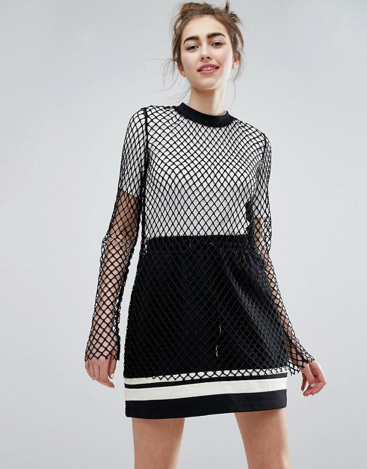 Monki Fishnet Mesh Long Sleeve Top - Black