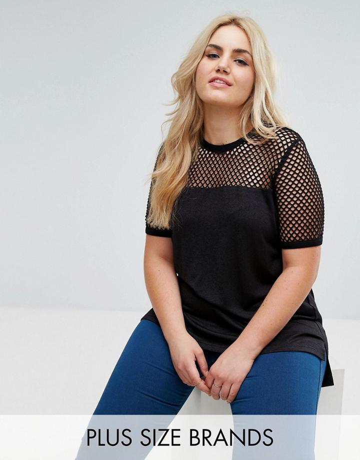 New Look Plus Fishnet Yoke Knit Top - Black