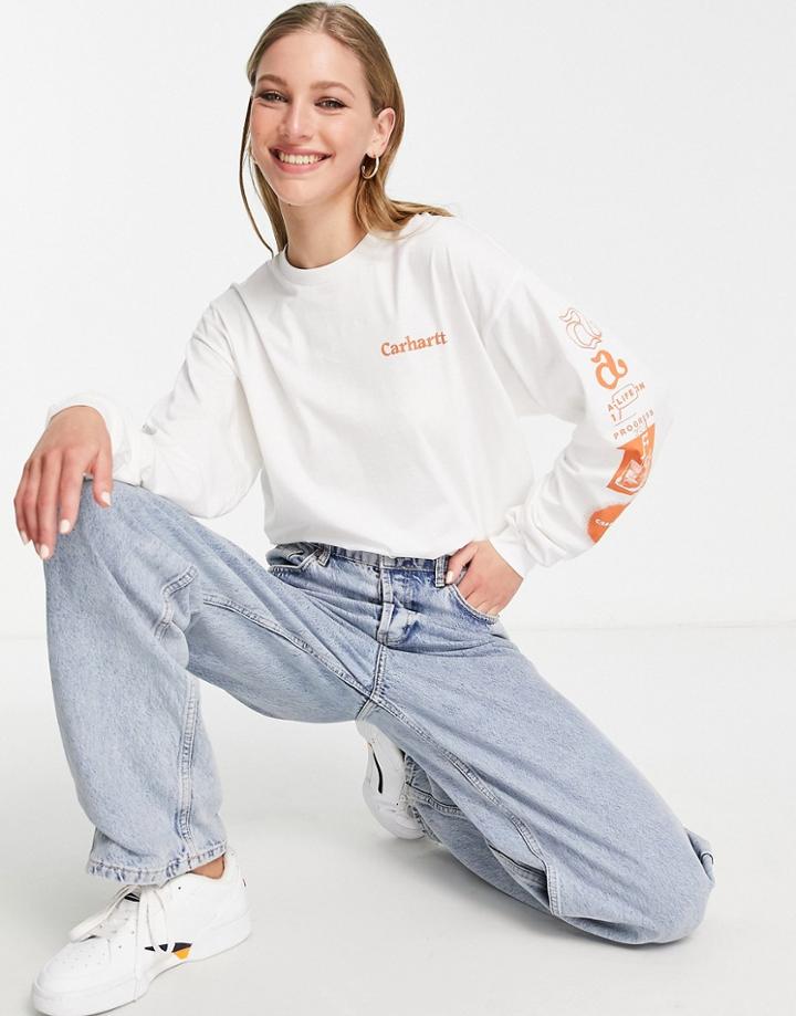 Carhartt Wip Life Long Sleeve Skater T-shirt In White And Orange