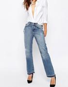 Asos True Boyfriend Jeans With Cinch Back In Mid Stone Wash - Mid Stone Wash