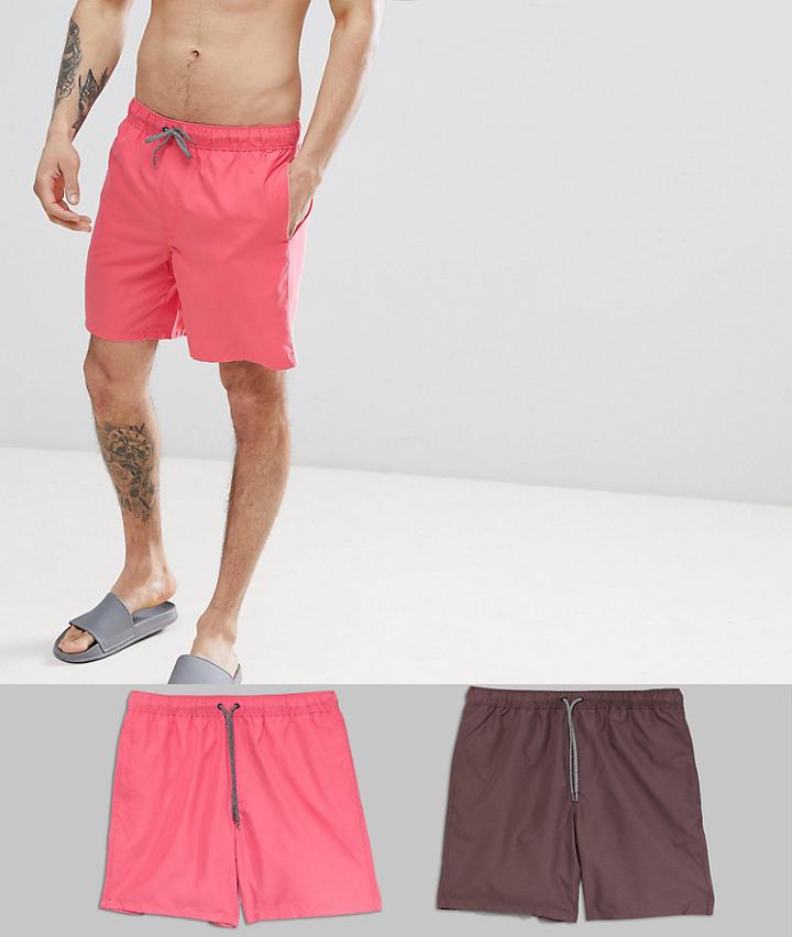 Asos Design Swim Shorts 2 Pack In Pink & Brown Mid Length Save - Multi