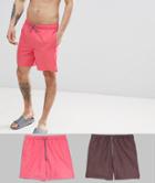 Asos Design Swim Shorts 2 Pack In Pink & Brown Mid Length Save - Multi