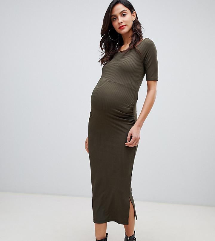 Asos Design Maternity Midi Bodycon Dress In Rib With Ruched Detail - Green