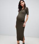 Asos Design Maternity Midi Bodycon Dress In Rib With Ruched Detail - Green