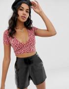 Motel Cropped Wrap Top In Ditsy Floral - Red