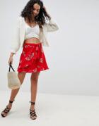 Parisian Wrap Front Floral Skirt With Frills - Red