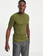 Asos Design Muscle Fit Cable Knit T-shirt In Khaki-green