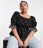 River Island Plus Broderie Embroidered Shirred Top In Black