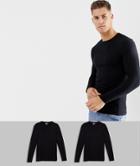 Asos Design Muscle Fit Long Sleeve T-shirt With Crew Neck 2 Pack Save - Black