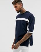 Asos Design Oversized T-shirt With Half Sleeve And Color Block And Side Zips In Navy