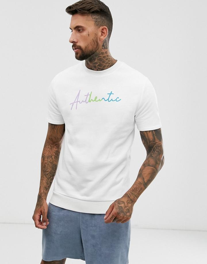 Asos Design Short Sleeve Sweatshirt With Authentic Embroidery-white